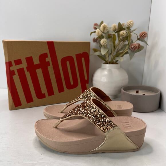 Fitflop Lulu Shimmerfoil Platform Toe-Thongs Sandal Gold Women 5 NWB - Picture 2 of 11